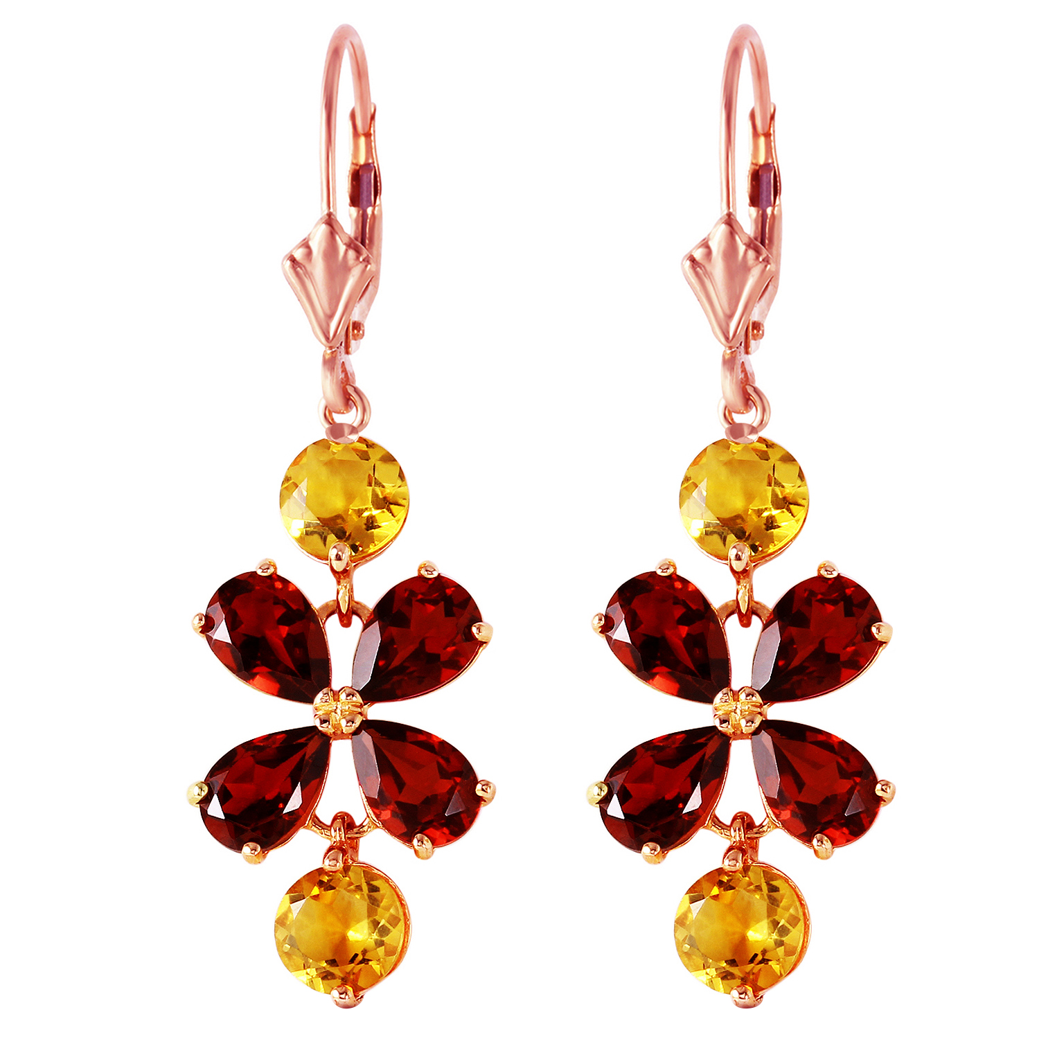 14k Gold Chandeliers Earring With Garnets Citrines Rose Gold 1352$
